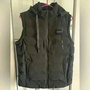 Men's small black puffer vest with removable hood  NWOT